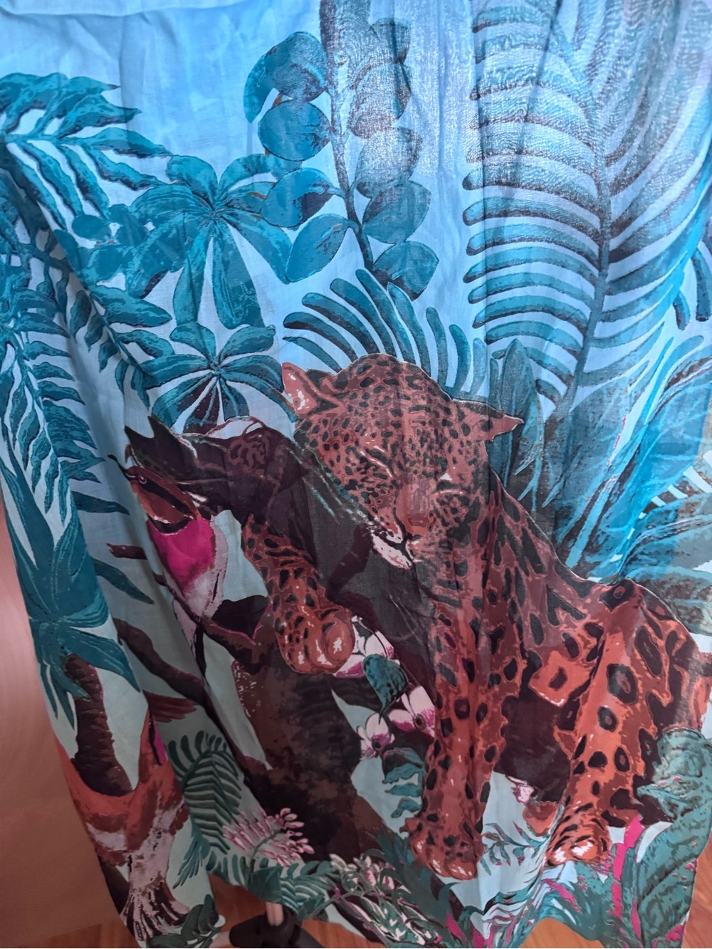 NWOT Aratta Silent Journey Vibrant Teal and Coral Leopard Print Tropical Scarf